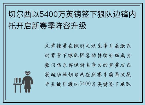 切尔西以5400万英镑签下狼队边锋内托开启新赛季阵容升级